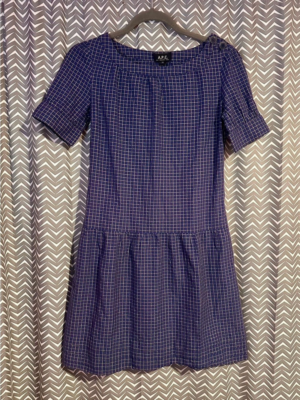 NWOT A.P.C. Rue Madame Paris | Blue Gold Grid Pattern Drop Waist Mini Dress, XS